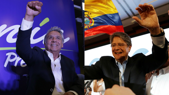 Lenín Moreno (izq), candidato de Alianza PAIS, desea continuar con la Revolución Ciudadana, mientras que Guillermo Lasso (der) quiere reimplantar el neoliberalismo. Foto: Reuters/ AP.