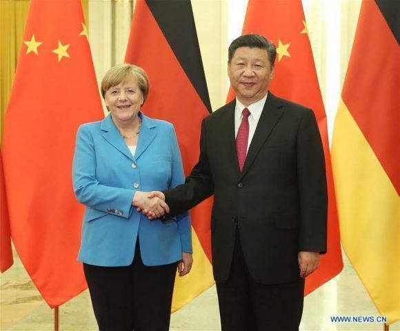 Encuentro entre Xi Jinping y Merkel. Foto: @globaltimesnews.