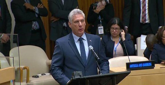Díaz-Canel intervino este miércoles en la reunión de alto nivel de Naciones Unidas por el Día Internacional para la Eliminación Total de las Armas Nucleares. Foto: Captura/ Cubadebate.