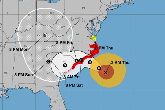 Cono de trayectoria del huracán Florence que podría afectar a las Carolinas como categoría 3. Imagen: NOAA.