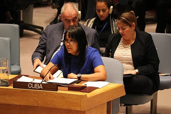 La viceministra de Relaciones Exteriores de Cuba, Anayansi Rodríguez, este sábado en la ONU. Foto: Vicepresidencia Vzla/ Twitter.
