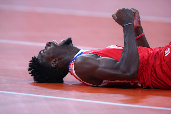 Lima, Saturday August 03, 2019 – Angel Lopez Castro from Cuba celebrates winning the Semifinal Volleyball match against Brazil at Villa Deportiva Regional del Callao in the Pan American Games Lima 2019. 
Copyright  Carlos Lezama / Lima 2019 

Mandatory credits: Lima 2019
** NO SALES ** NO ARCHIVES **