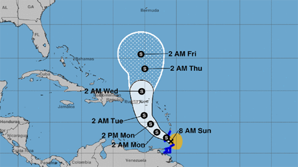 La trayectoria de la tormenta tropical Karen. Imagen: Centro Nacional de Huracanes.