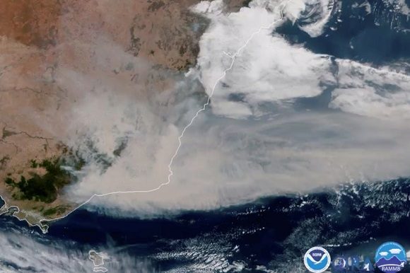 Más de 11 mil kilómetros ha viajado la nube negra provocada tras la quema de más de seis millones de hectáreas. Foto: Captura Dirección de Meteorología de Chile.