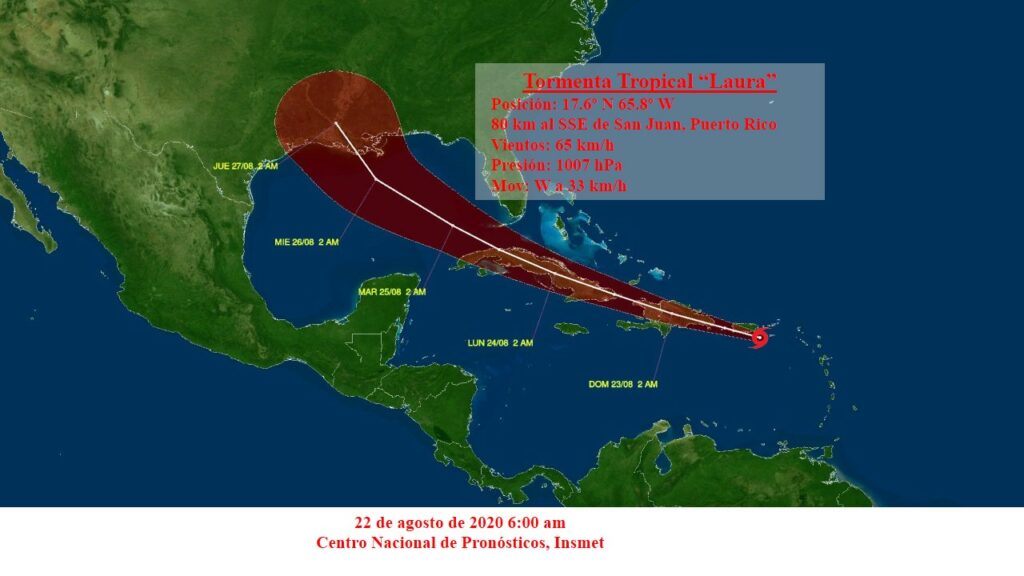 Cono de probabilidades de trayectoria de tormenta tropical Laura// Foto INSMET
