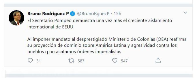 Bruno Rodríguez, rechazó recientes declaraciones del secretario de Estado de Estados Unidos, Mike Pompeo. Foto: Twitter de Bruno Rodríguez.