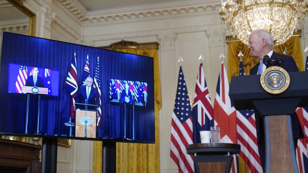 Reunión virtual del presidente de EE.UU., Joe Biden, con el primer ministro australiano, Scott Morrison, y el primer ministro británico, Boris Johnson. Casa Blanca en Washington, Estados Unidos, el 15 de septiembre de 2021.Foto: Andrew Harnik / AP