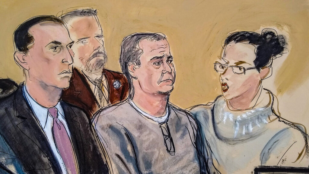 Boceto de una audiencia previa al inicio del juicio contra Genaro García Luna, Nueva York, 3 de enero de 2020.Elizabeth Williams / AP