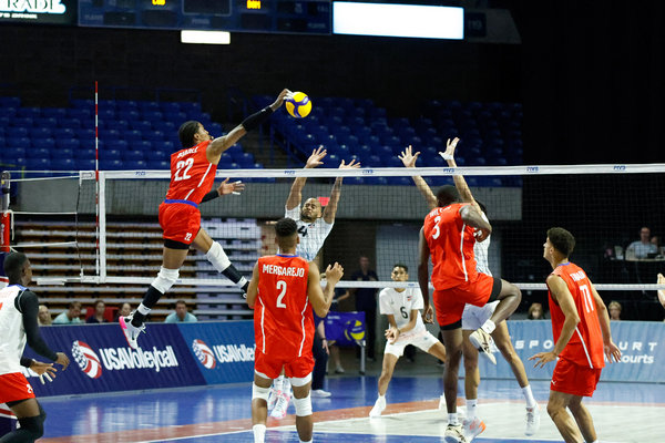 Jose Miguel Suarez #22 of Cuba strikes a ball in the 2023 NORCECA Senior Mens Continental Championship on September 10, 2023 at the Charleston Coliseum & Convention Center in Charleston, West Virginia. (Photo by Scott Abbott)