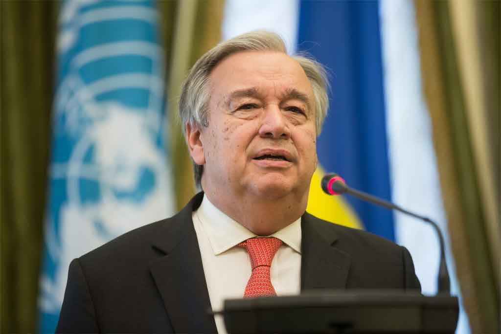 KIEV, UKRAINE – Jul 09, 2017: UN Secretary-General Antonio Guterres during a joint briefing with Ukrainian President Petro Poroshenko in Kiev