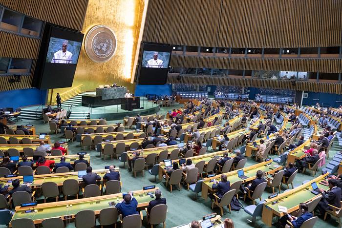 A wide view of the General Assembly Hall as Philemon Yang (at podium and on screens); President of the seventy-ninth session of the United Nations General Assembly; addresses the resumed 10th Emergency Special Session of the General Assembly on “Illegal Israeli actions in occupied East Jerusalem and the rest of the Occupied Palestinian Territory”.
