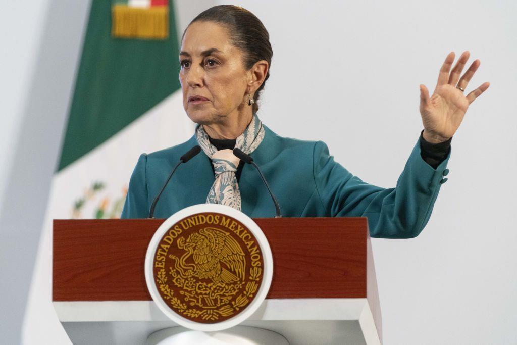 Claudia Sheinbaum, Mexico’s president, speaks during a news conference at the National Palace in Mexico City, Mexico, on Wednesday, Nov. 6, 2024. Mexicans should remain calm in the wake of Donald Trump’s decisive election win, the president of the US’s largest trading partner and southern neighbor said, sounding a note of pragmatism as local markets began to recover from their initial shock. Photographer: Stephania Corpi/Bloomberg